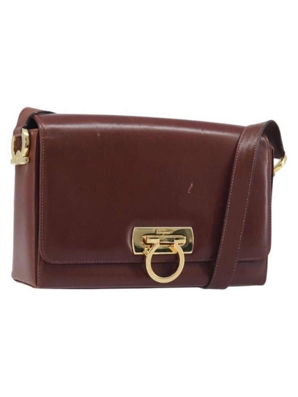 Authentic Salvatore Ferragamo Gancini Shoulder Bag Leather Brown Gold Tone